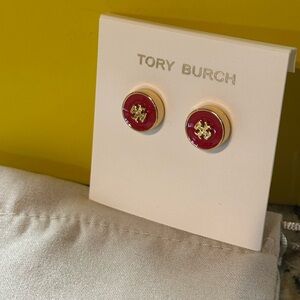 Tory Burch Red and Gold Logo Stud Earrings